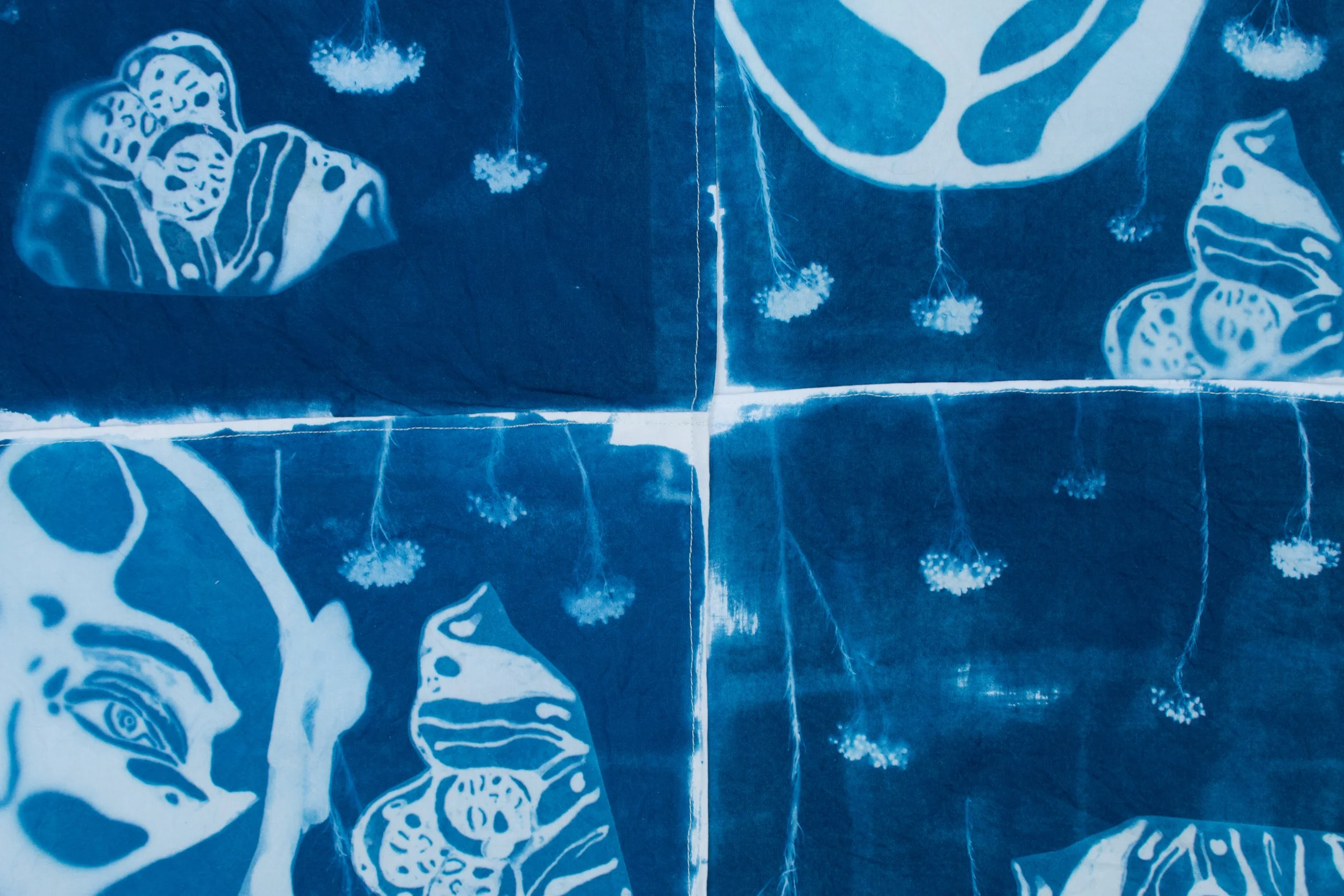 Where Light Touches Memory, 2026, Cyanotype on 100% Cotton Fabric Sewn Quilt Detail Shots