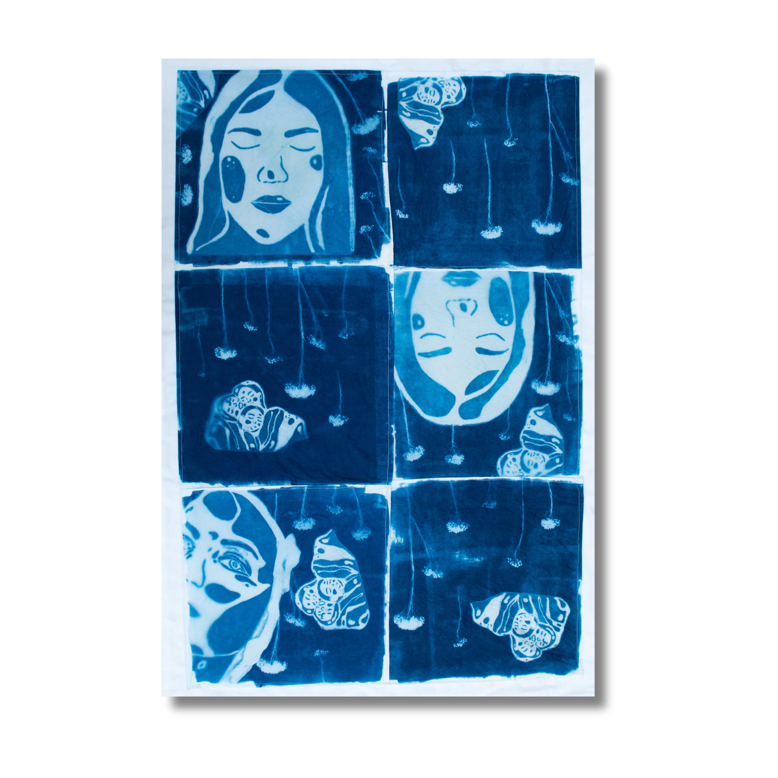 Where Light Touches Memory, 2026, Cyanotype on 100% Cotton Fabric Sewn Quilt, 28x40 inches