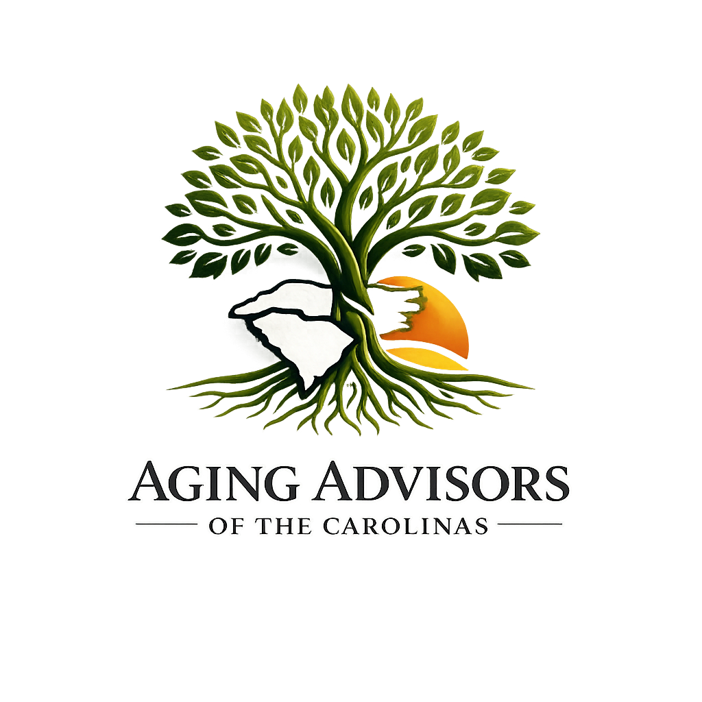 Logo for Aging Advisors of the Carolinas featuring a green tree with roots and a sunset in the background.