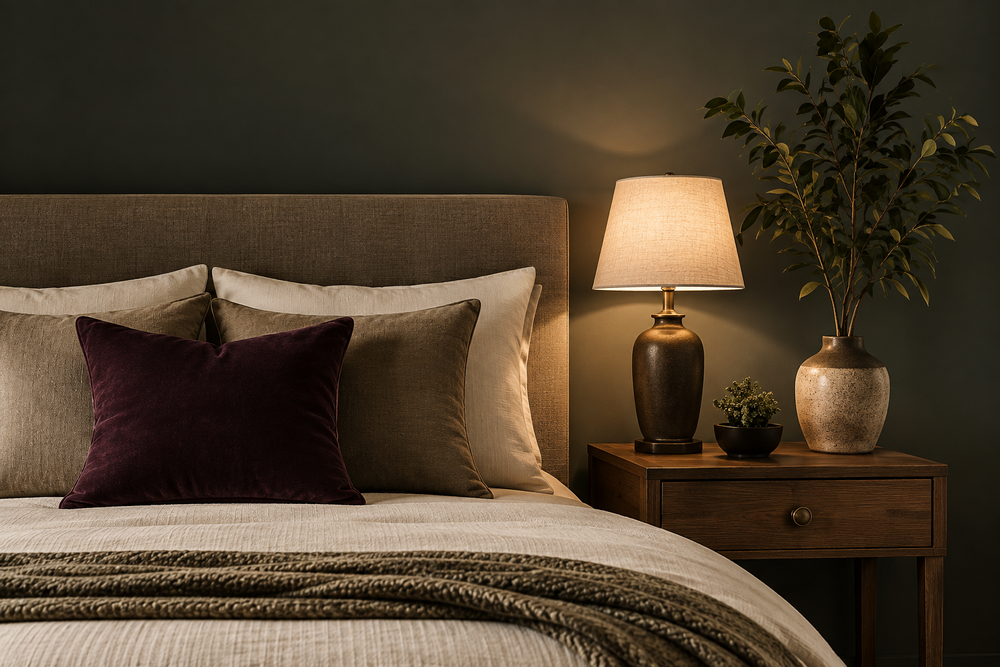 Layered bedroom with plum accent pillows