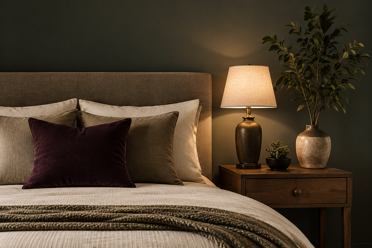 Layered bedroom furnishings and décor