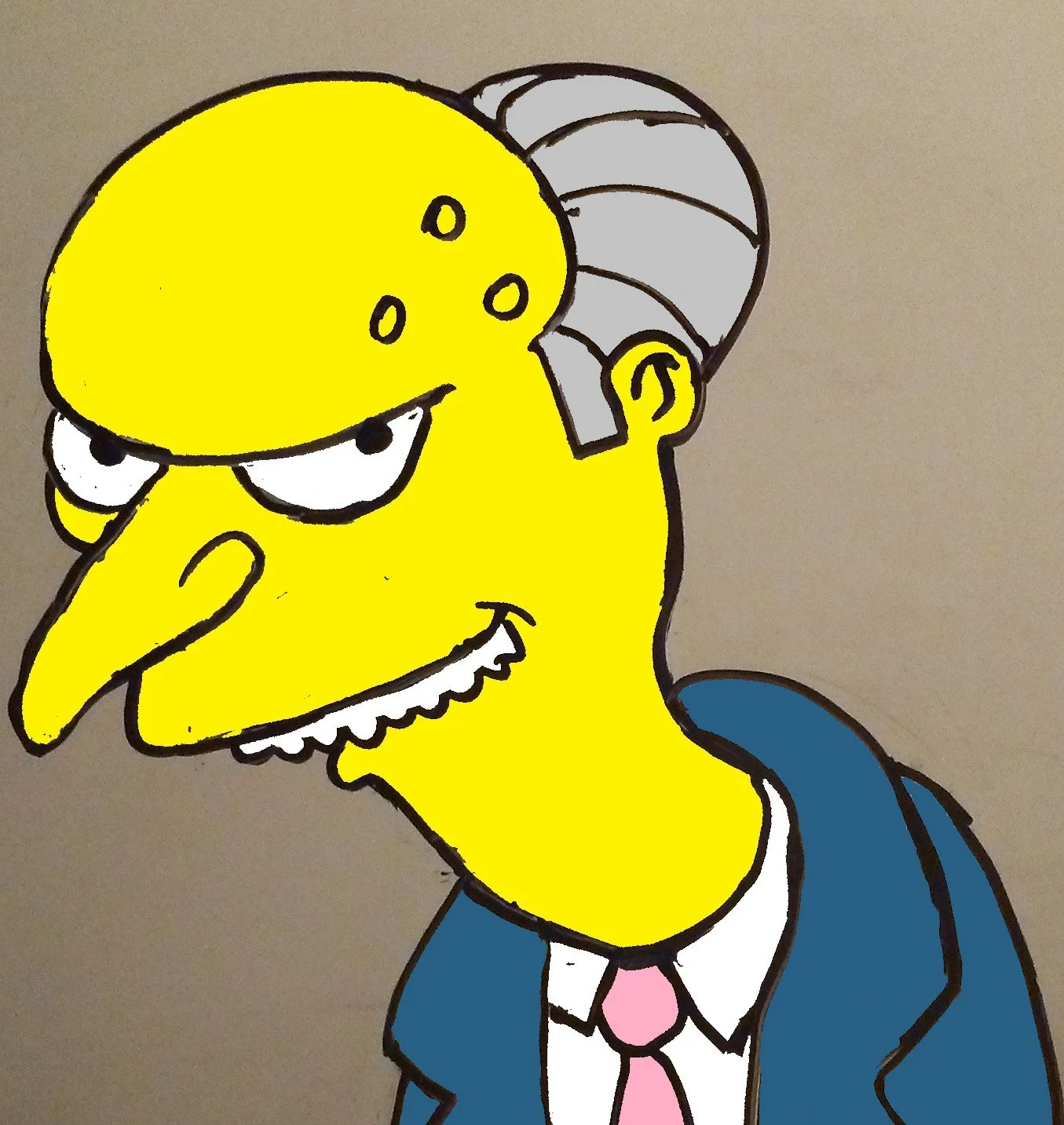 Mr. Burns — Whiteboard & Digital Colour Hybrid  
This portrait of Mr. Burns began as a spontaneous whiteboard sketch in black dry‑erase marker, capturing his sharp features and unmistakable silhouette with quick, confident lines. The piece was then p