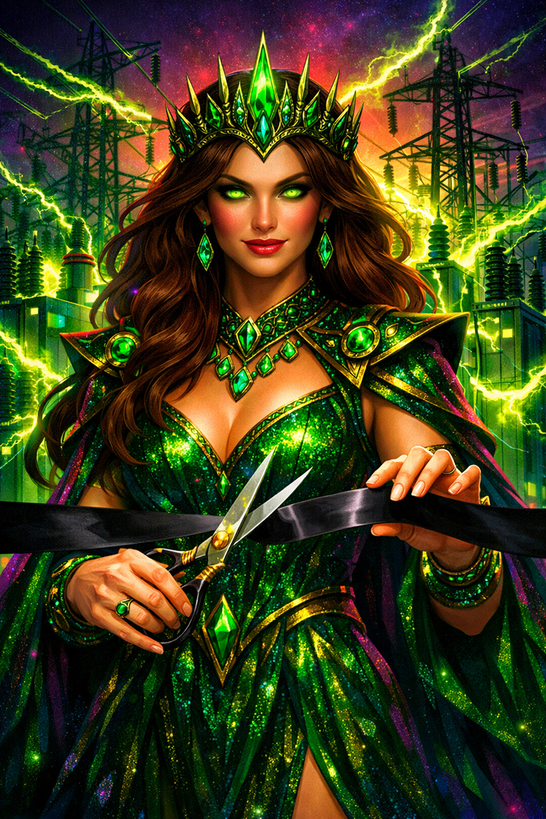 A fantasy queen with glowing green eyes and long brown hair, wearing a jeweled crown and ornate green and gold armor, holding a pair of scissors, with a background of electric green lightning and power lines.