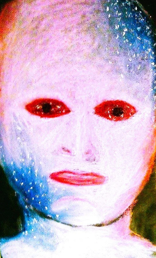 Redeye - A luminous figure with burning red eyes emerges from the darkness, their skin shimmering with constellations that seem to glow from beneath the surface. Soft layers of white, pink, and blue pastel blend into a cosmic radiance, as if the star