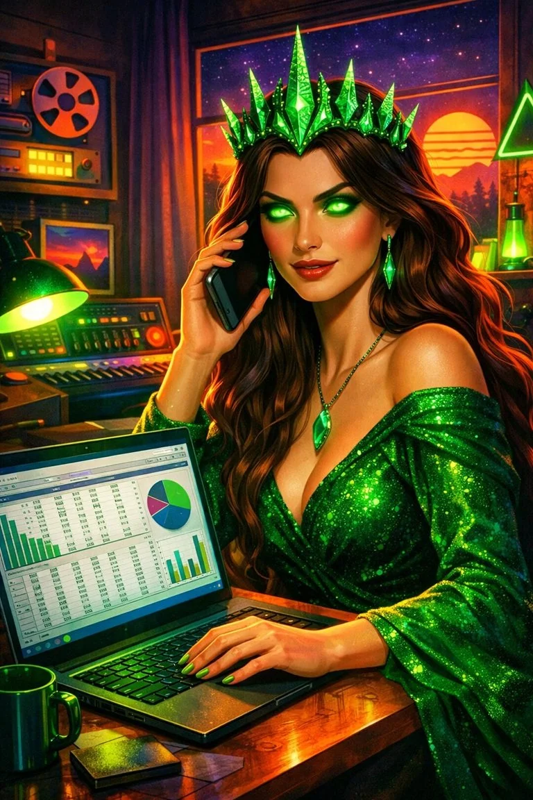 A woman with glowing green eyes and a green crown, wearing a sparkly green dress, is sitting at a desk with a laptop showing graphs and charts. She is talking on the phone, with a background of a music studio and a window showing an orange sunset.