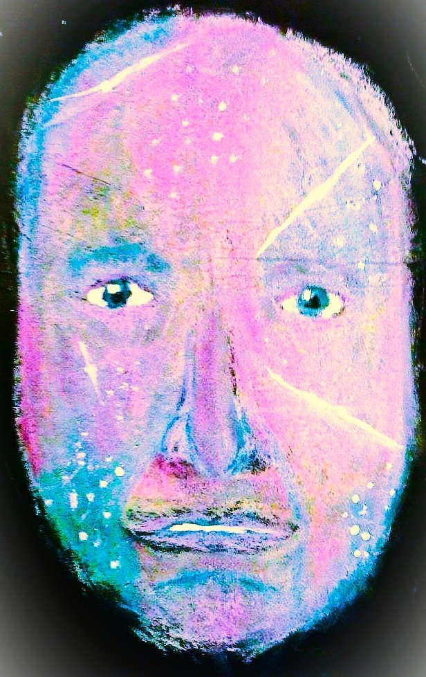 SpaceFace - A radiant face emerges from the darkness, rendered in soft sweeps of pink and blue oil pastel that blend into a cosmic glow. Fine white stars are drawn across the skin like constellations, giving the portrait an ethereal, celestial shimme