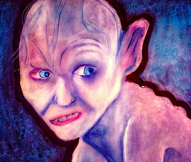 Smeagol / Gollum — Oil Pastel on Black  
This oil pastel portrait captures Smeagol in a palette of pinks, blues, and soft whites that transform the familiar creature into something almost spectral. Against a deep black background, the colours glow li