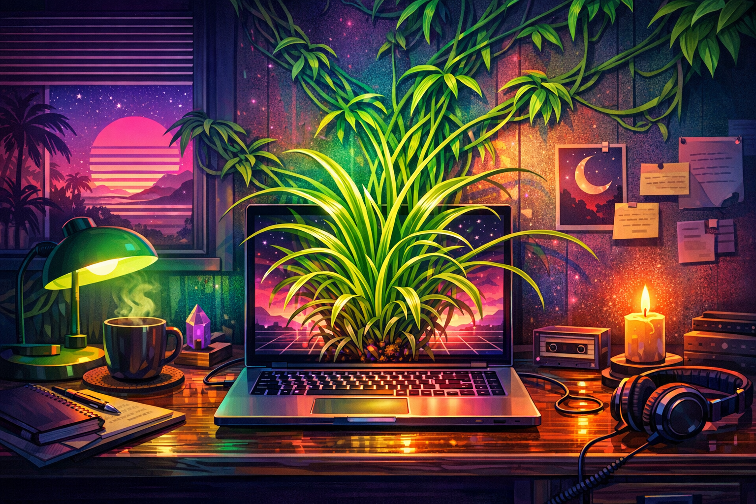 A colorful digital art illustration of a cozy workspace at night with a desk, laptop, and plants. The background shows a window with a neon sunset and a starry sky. The desk has a green desk lamp, a steaming coffee mug, notebooks, a crystal, a candle, headphones, and a speaker.