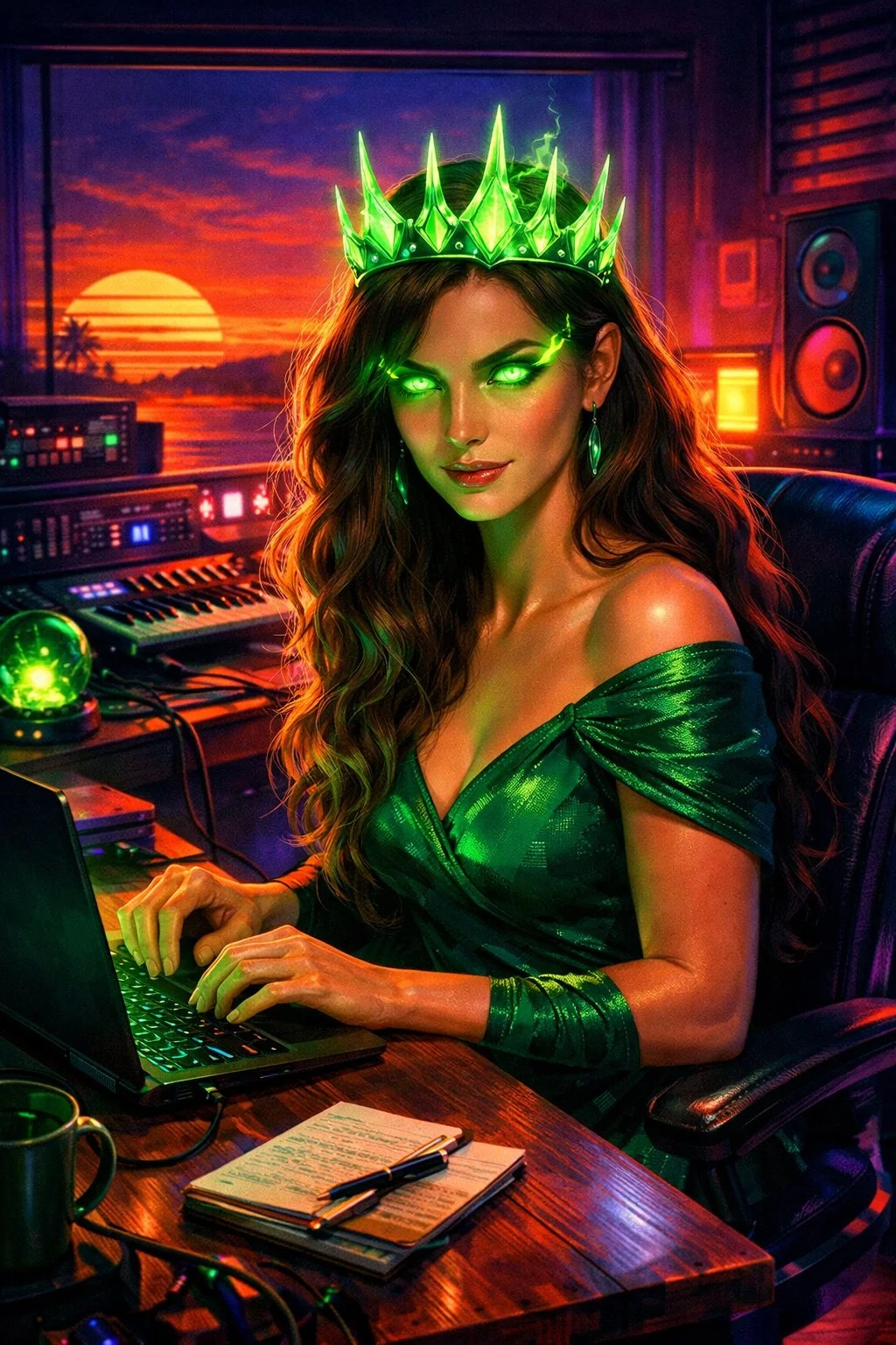 A woman with glowing green eyes and a green crown sits at a music production studio with a sunset view outside the window, surrounded by electronic music equipment.