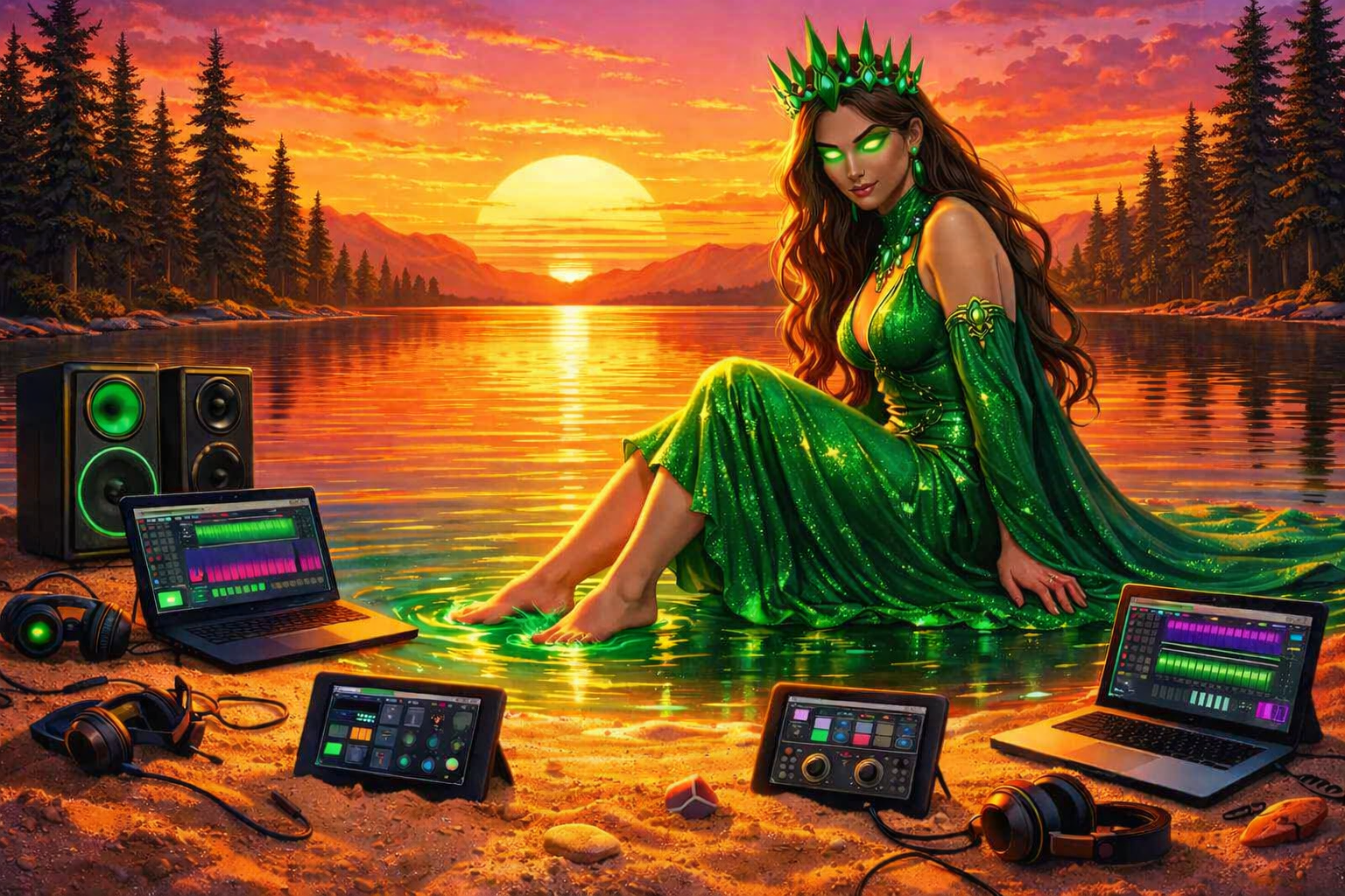 A fantasy scene of a woman dressed in glowing green attire sitting by a lake during sunset, surrounded by electronic music equipment and headphones.