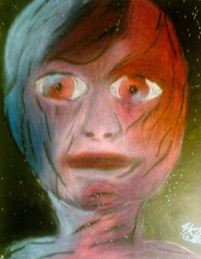 Nebula Being — Oil Pastel on Black  
This portrait depicts a celestial figure whose skin seems woven from nebulae themselves — swirling colour, soft gradients, and star‑flecked luminosity. Against a deep black background scattered with faint white st