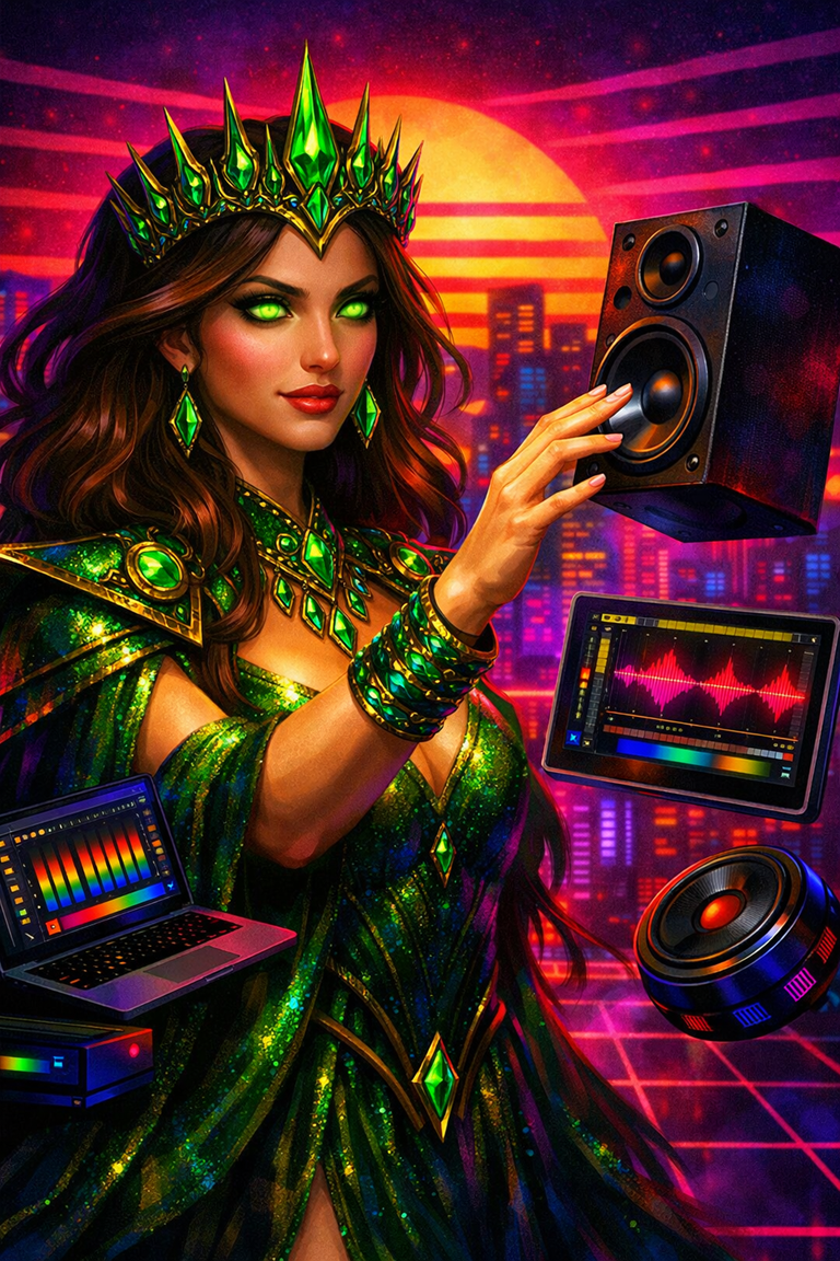 A woman dressed as a queen with green jewelry and a crown, surrounded by DJ equipment and digital sound wave displays, with a vibrant cityscape and sunset background.