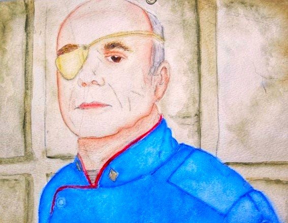 Tigh - A stark, expressive study of Col. Saul Tigh, rendered in cool washes of watercolor that emphasize his hardened presence. His blue Colonial Fleet uniform stands out in vivid contrast against the muted, textured background, while the yellow eye 
