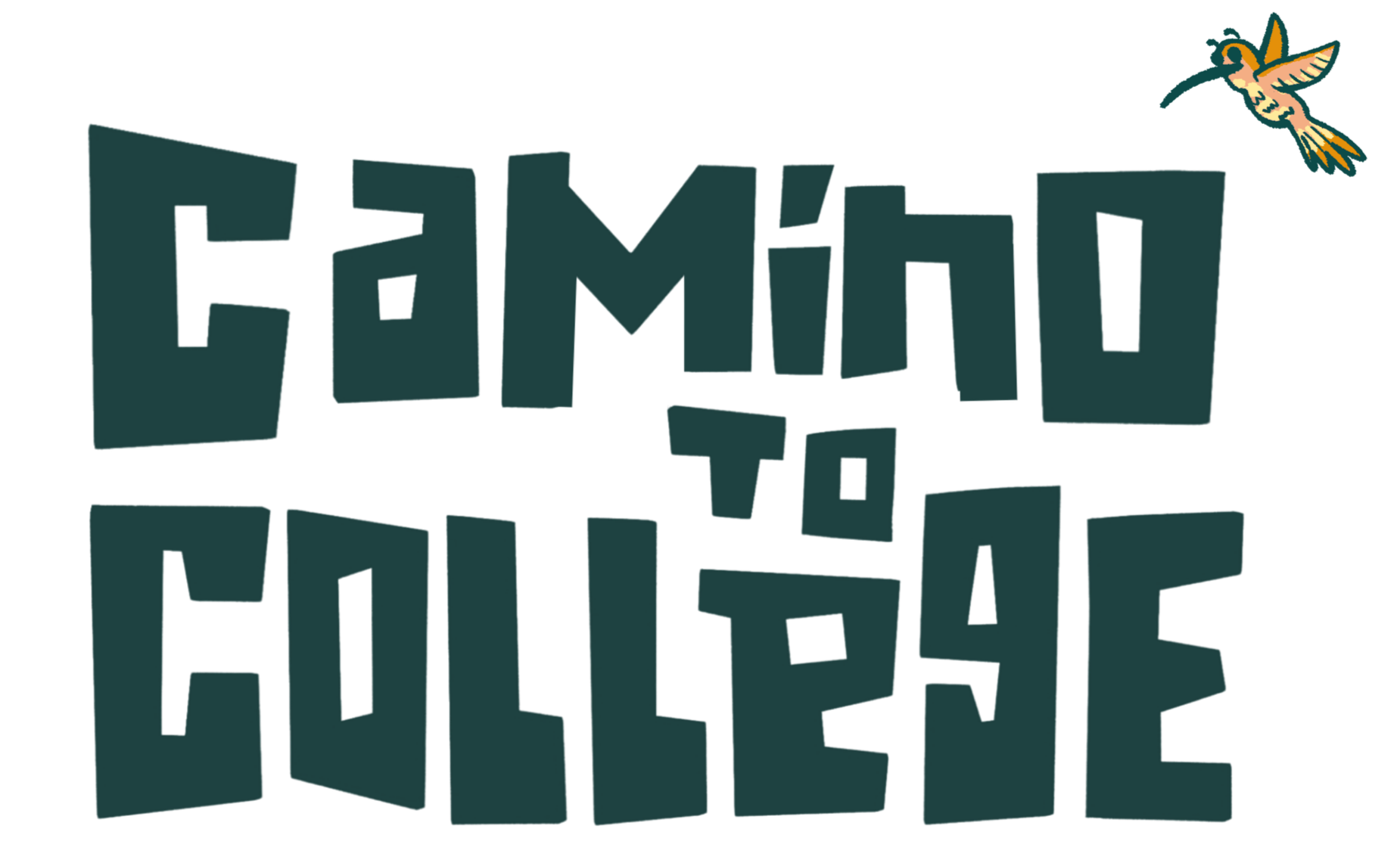 The text 'Camino to College' appears in large, stylized, dark green letters with a slight 3D effect. A hummingbird with pink, orange, and green accents is visible near the top right corner.