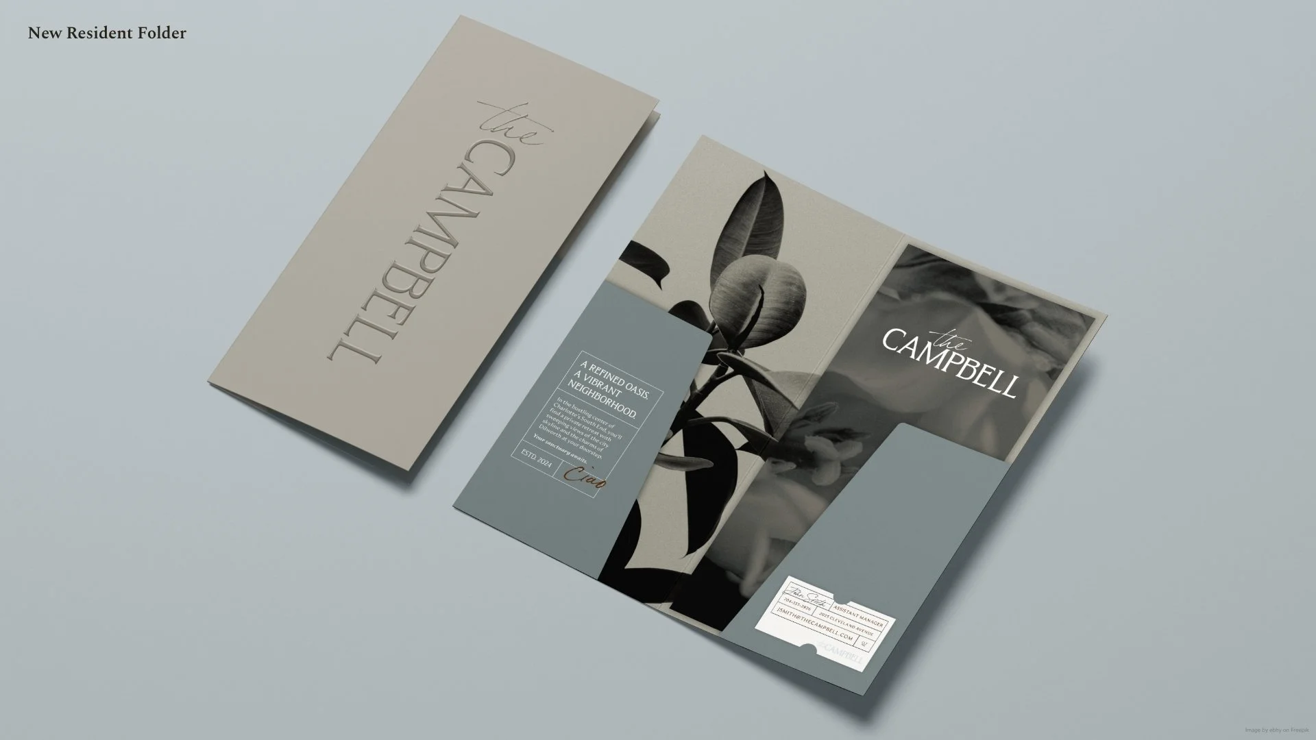 The Campbell new resident folder with brochure and business card