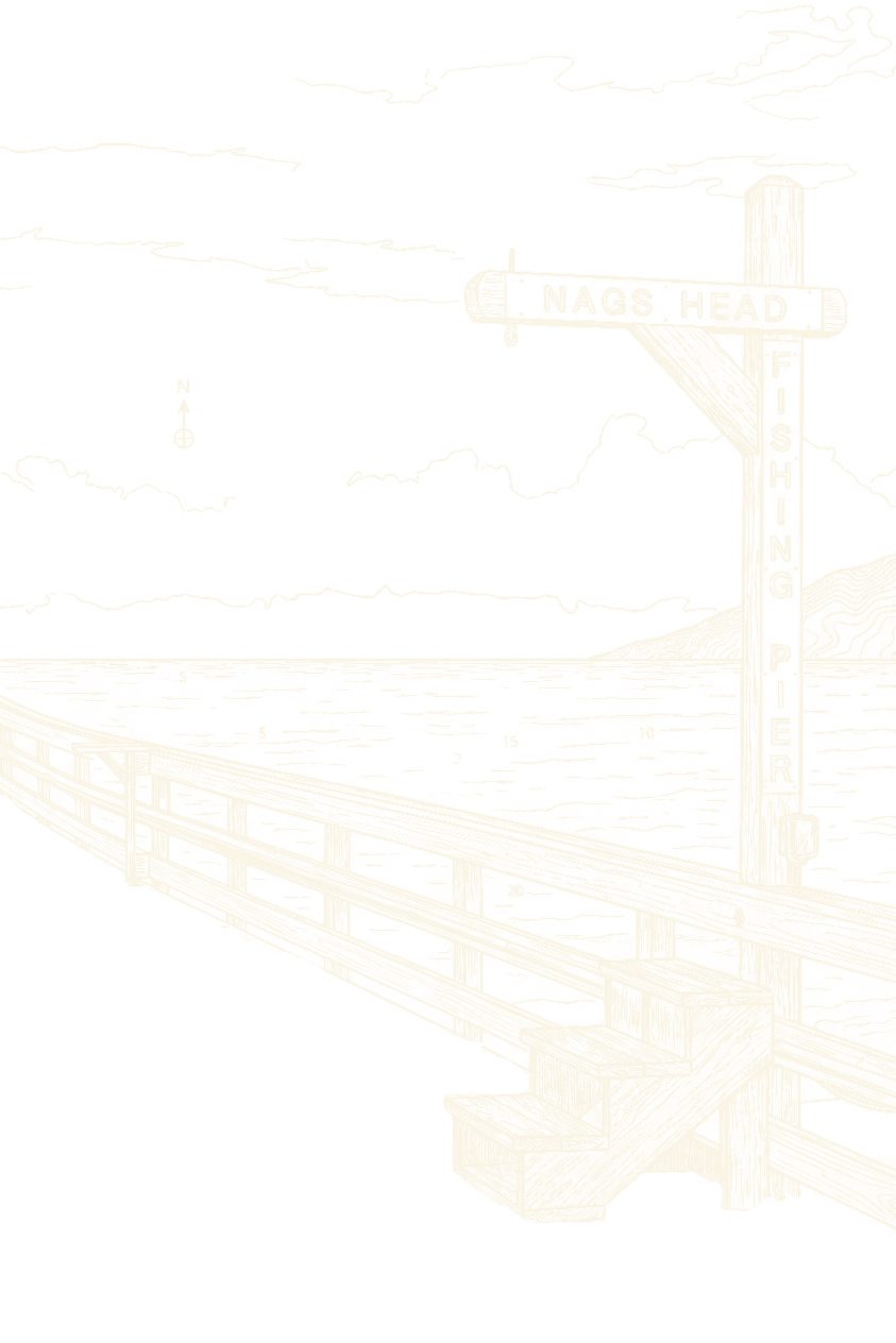 Black and white image of a bridge at sunset with clouds and mountains in the background, and a north arrow.