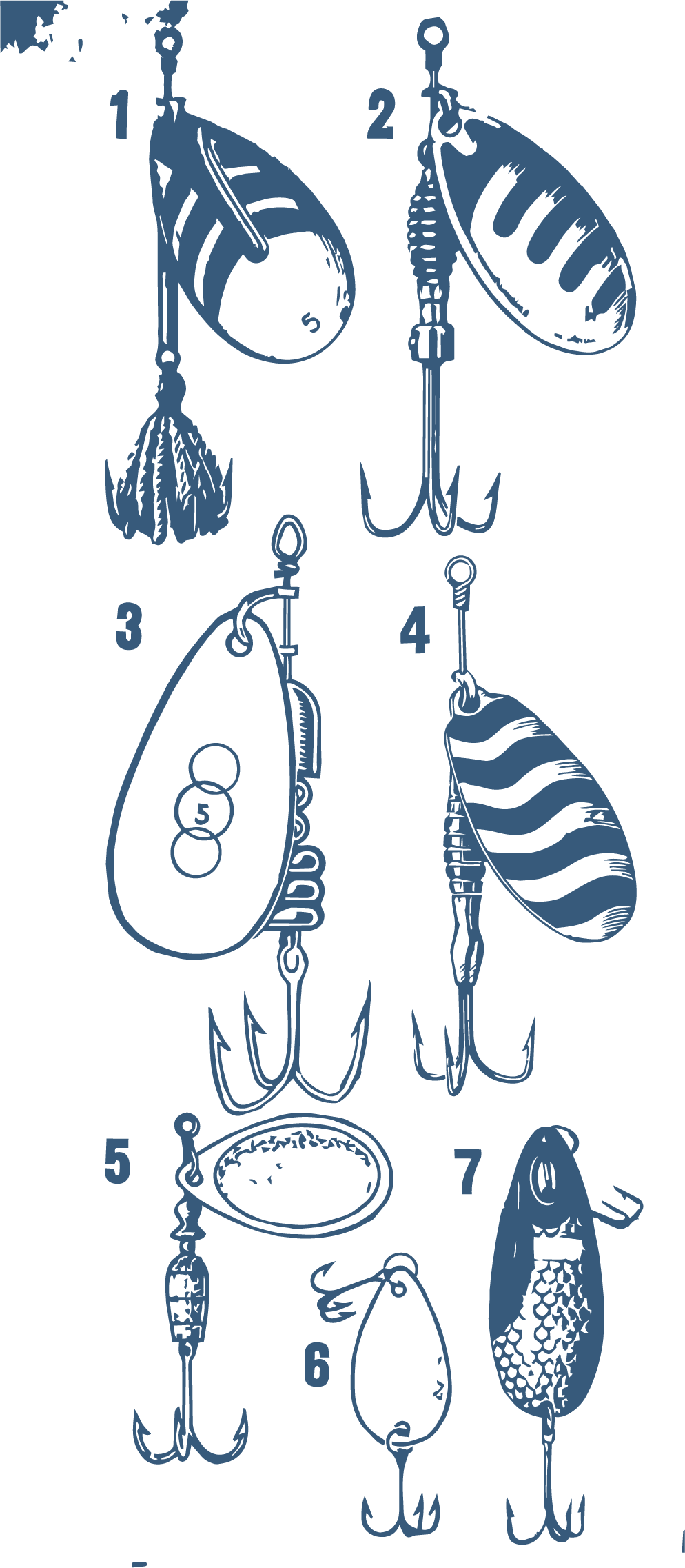 Diagram of various fishing lures with numbered labels.