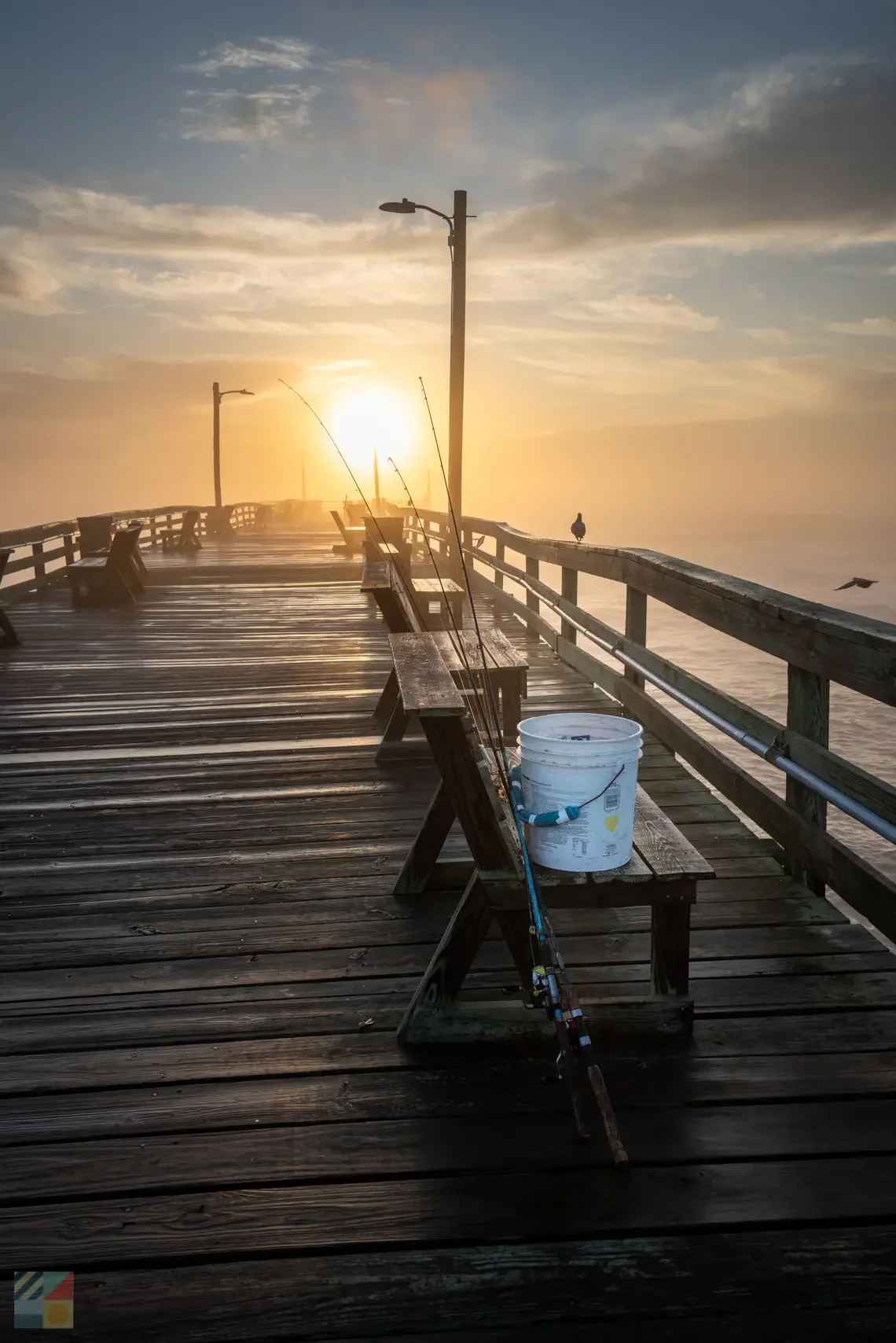 Fishing rods leaning against wooden benches on a pier at sunrise, with a bucket nearby, and seagulls flying in the sky over the water.