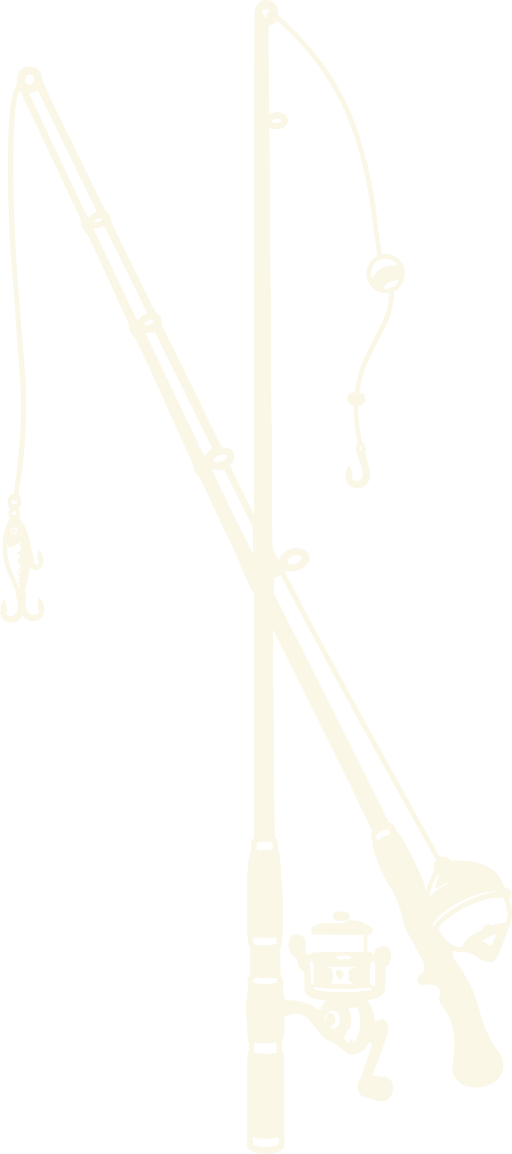 Black and white illustration of a fishing rod with reel, line, hook, and bait.