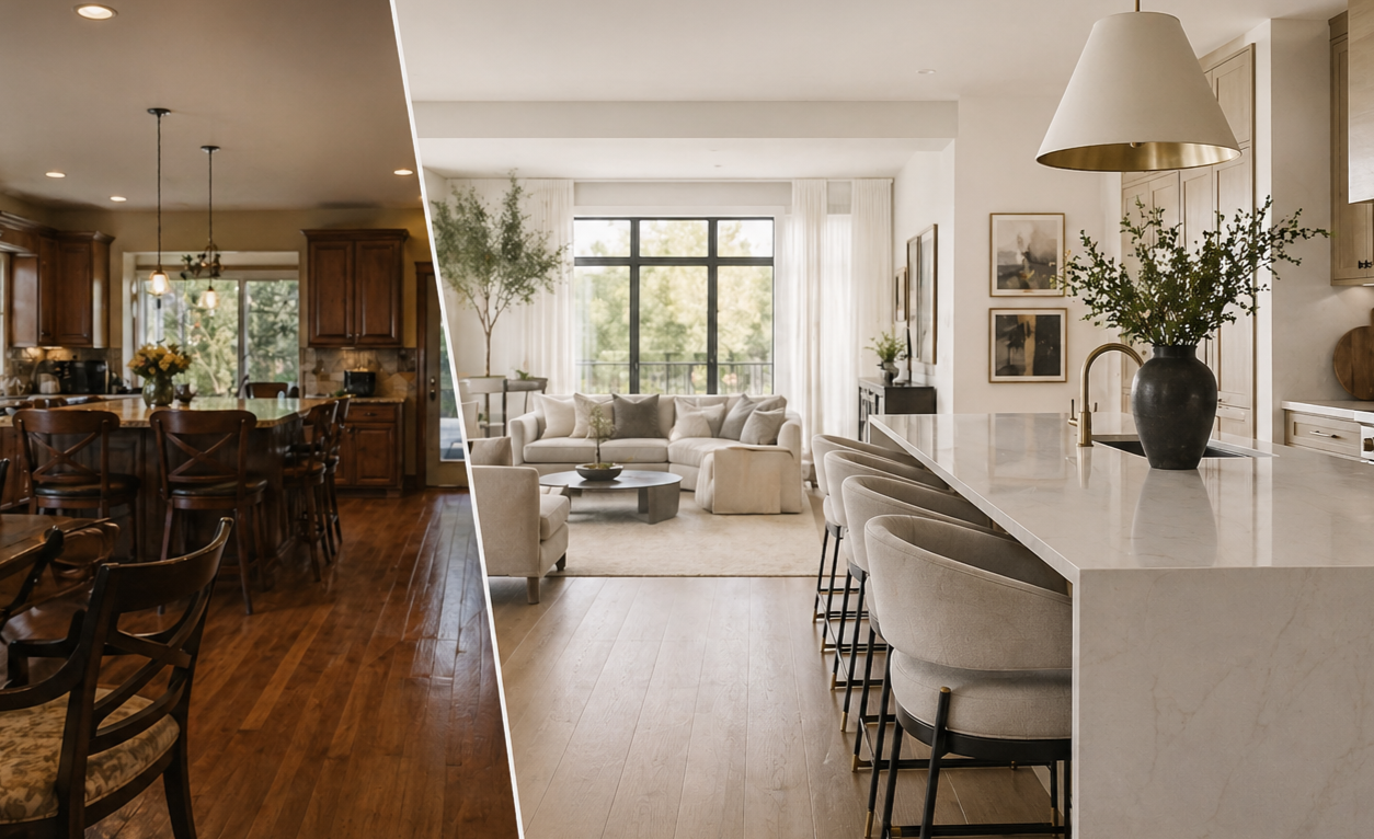 Elevated living space before and after interior design by Ellara Interiors