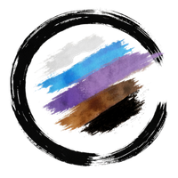 Abstract circular logo with brush strokes in blue, purple, brown, and black