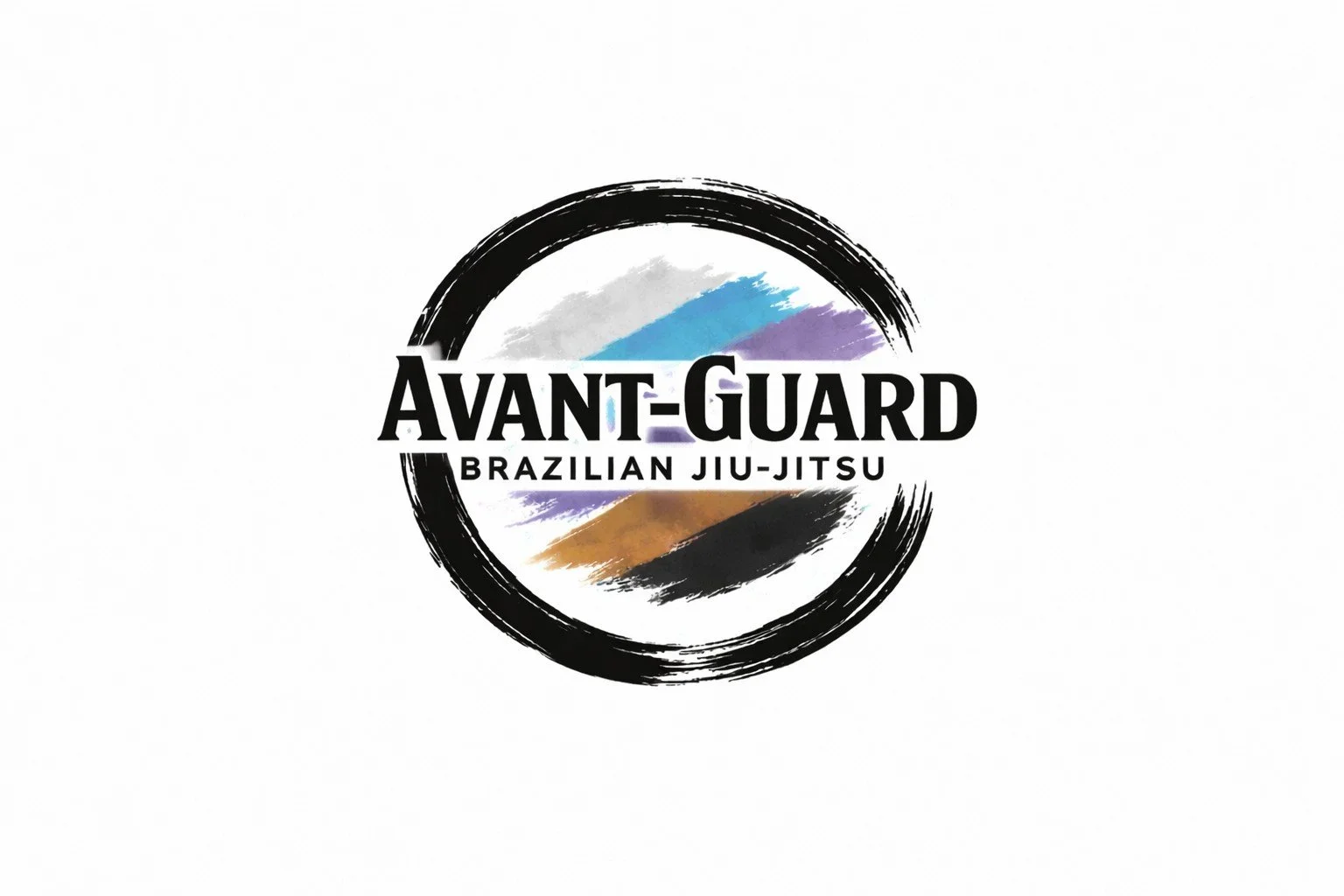 Logo for Avant-Guard Brazilian Jiu-Jitsu featuring a black circular brushstroke border with colorful brushstrokes inside. Text in the center reads 'Avant-Guard Brazilian Jiu-Jitsu'.