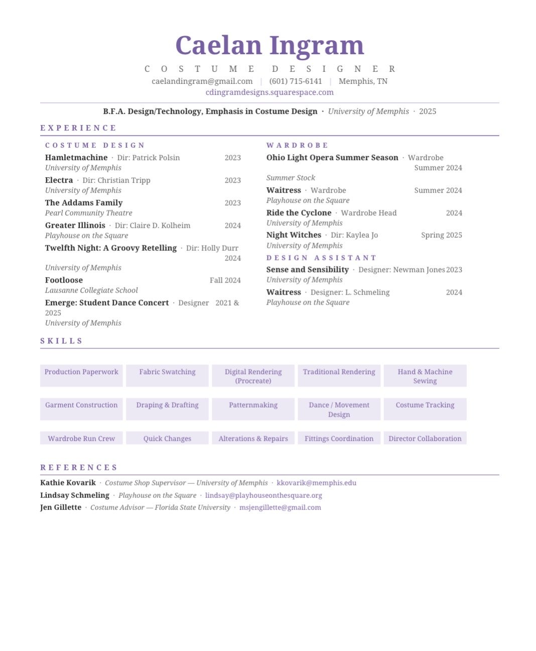 A resume for Caelan Ingram, a costume designer specializing in technology and costume design, including experience, skills, wardrobe work, and references.