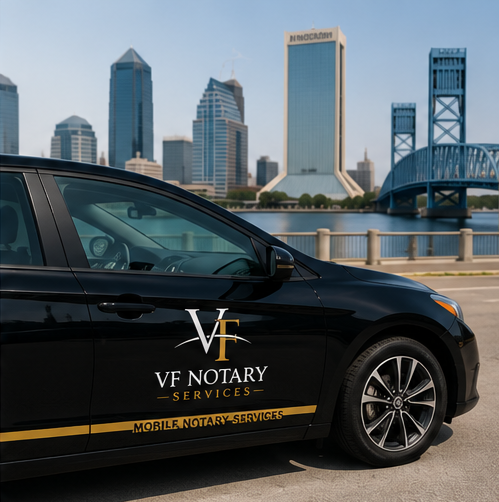 vehicle with 'VF Notary Services' logo