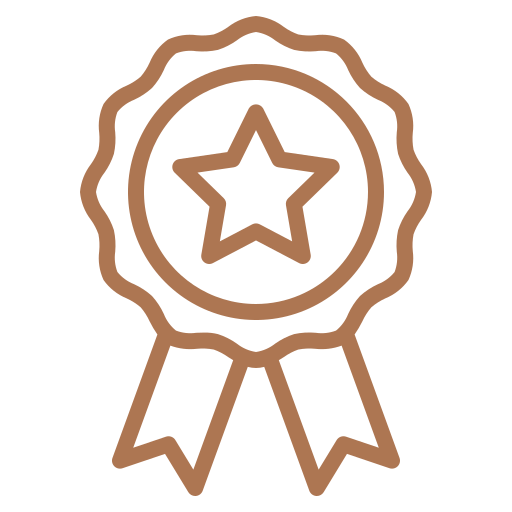 Line drawing of a badge with a star in the center and two ribbons hanging below.