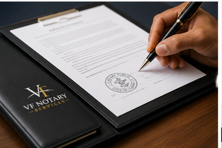 A person signing a legal document on a clipboard with a VF Notary Services black folder nearby.