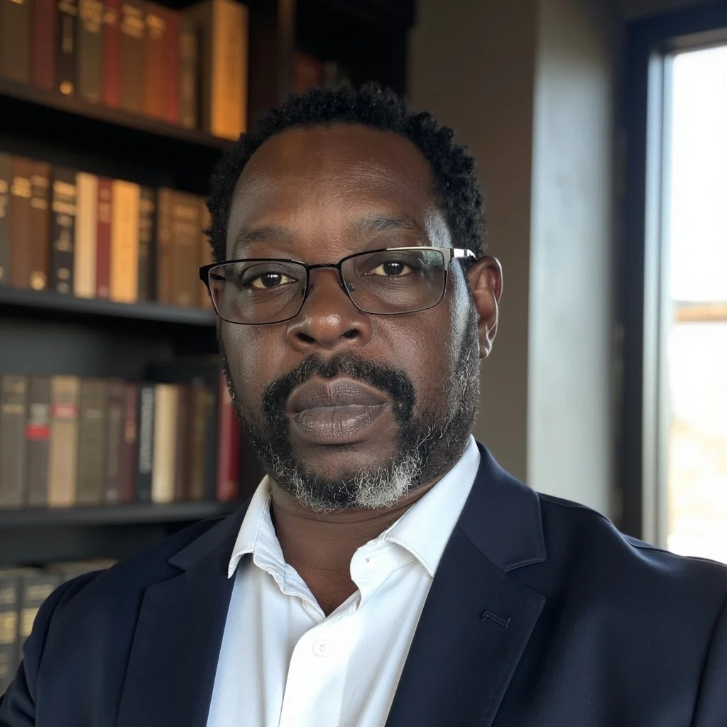 Portrait of a man with glasses and facial hair, wearing a dark suit and white shirt, in a room with bookshelves and a window.