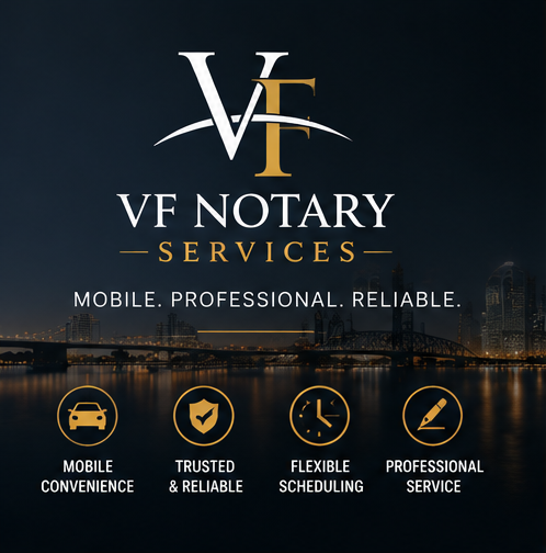 VF Notary Services logo with taglines about mobile, professional, and reliable services, and icons representing convenience, trust, scheduling, and service.