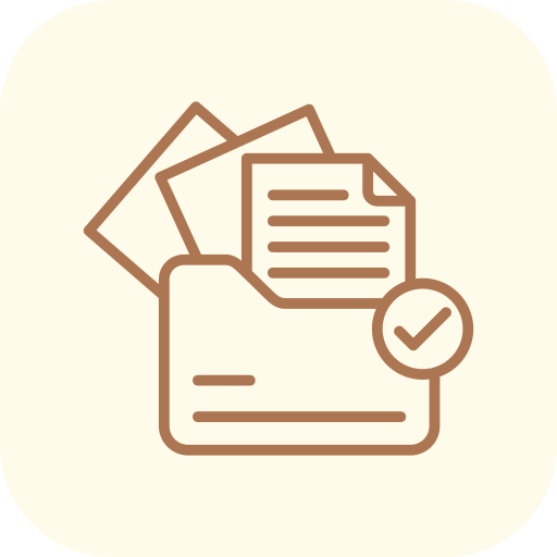 An icon of a folder with papers inside and a checkmark.
