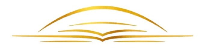 Stylized open book with a curved line above and horizontal lines beneath, in gold color.