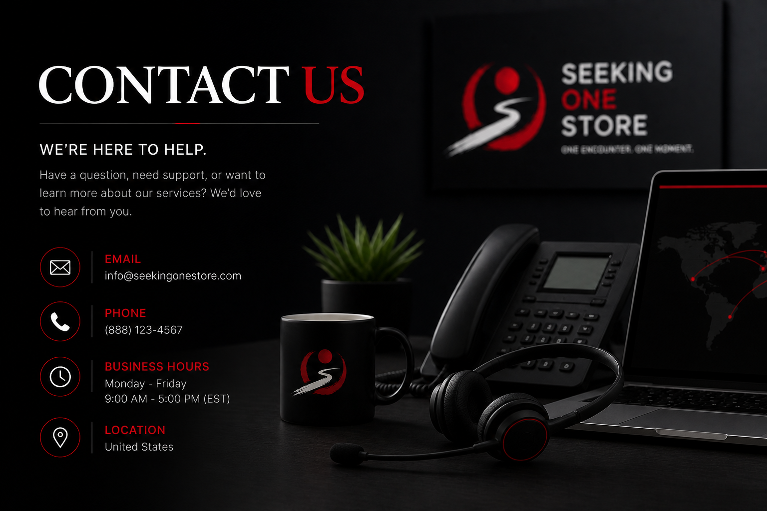 Contact information and office setup with a black background. It includes an email, phone number, business hours, and location details, along with a desk phone, coffee mug, headset, potted plant, and a laptop displaying a world map with connecting red dots.