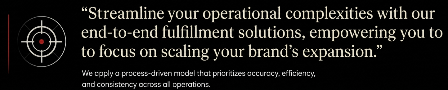 A black background with a quote about streamlining operational complexities and empowering brand expansion, accompanied by a target icon with a crosshair on the left.
