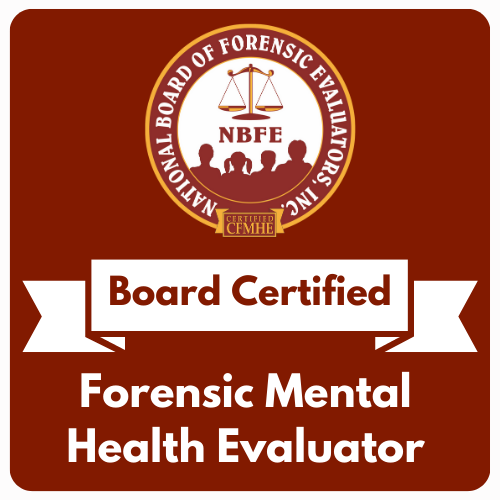 Board Certified Forensic Mental Health Evaluator badge with NABFE logo and text.