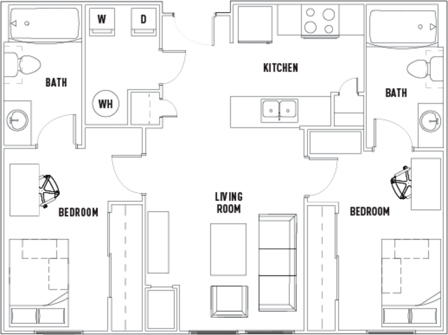 Floor plan of a residential apartment with two bedrooms, two bathrooms, a kitchen, and a living room.