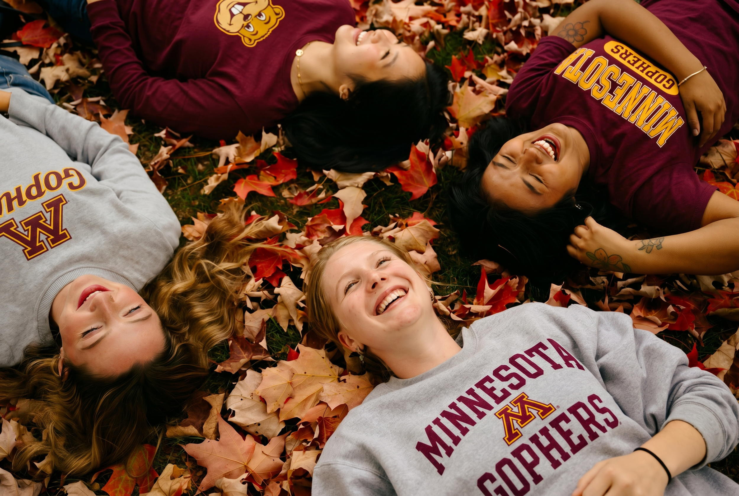 Five young women lying on their backs on autumn leaves, smiling and laughing. They are wearing maroon and gray sweatshirts with 'Minnesota Gophers' printed on them, indicating they are students or supporters of the University of Minnesota.