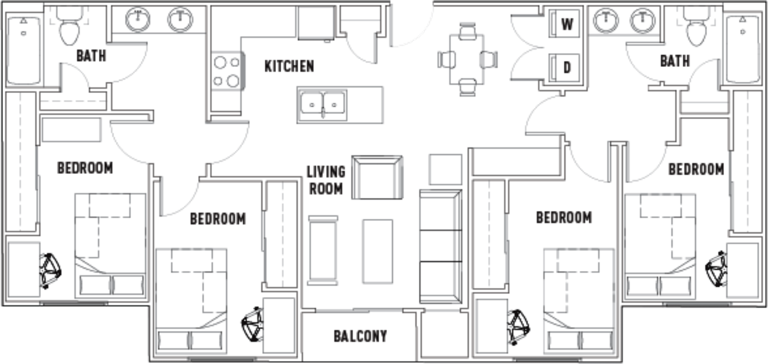 Floor plan of a two-unit apartment layout showing living room, kitchen, bedrooms, bathrooms, and balcony, with furniture and fixtures labeled.