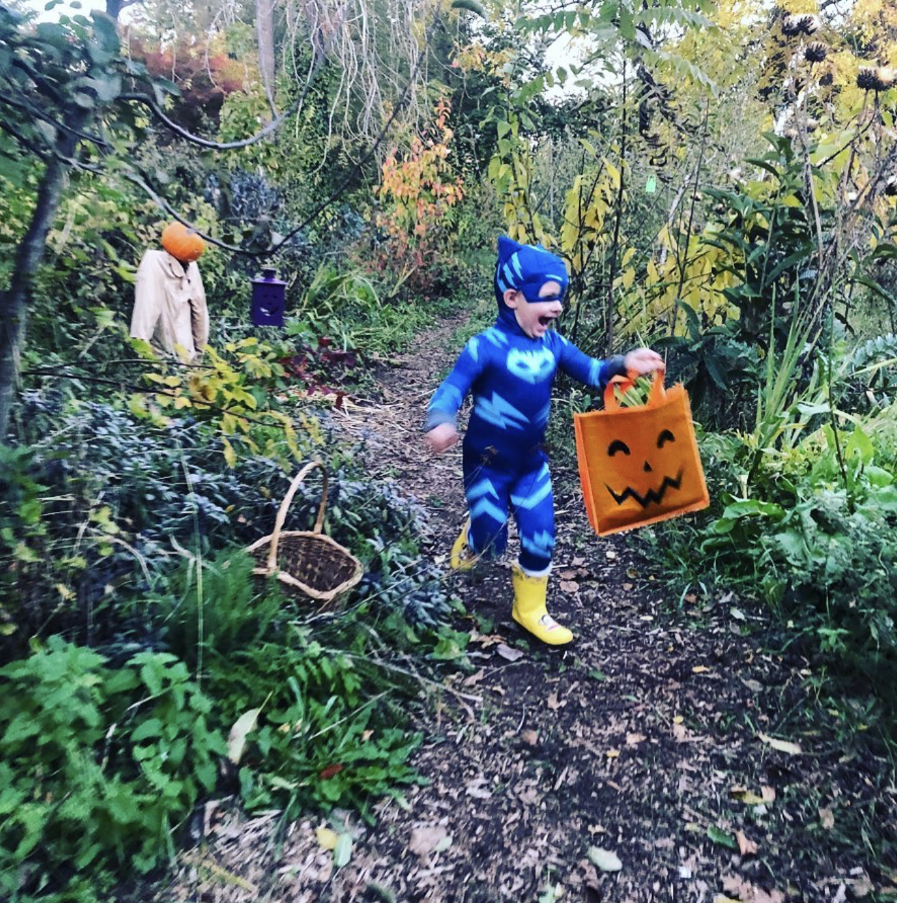 A child dressed as superheroes running on a trail in a wooded area, holding a Halloween pumpkin-shaped bag, with Halloween decorations like a pumpkin and a purple lantern hanging among the trees.