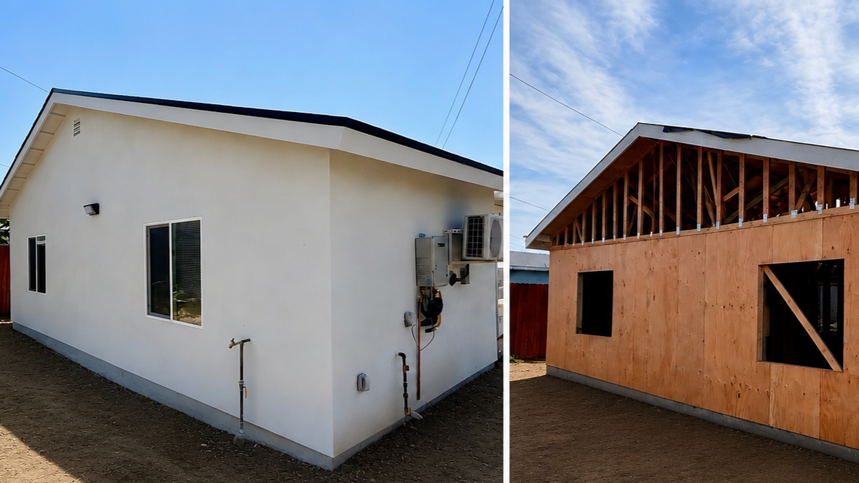 Side-by-side comparison of a house's exterior, showing the same house with a finished white exterior wall on the left and unfinished wooden wall on the right, with a blue sky overhead.