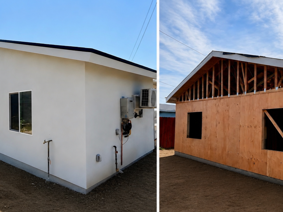 Side-by-side comparison of a house exterior; the left side shows a finished white stucco house with installed windows, while the right side shows the same house under construction with exposed wooden framing and OSB sheathing.