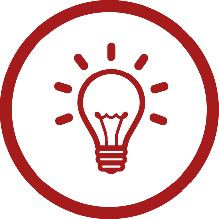 Icon of a light bulb with rays emanating from it inside a red circle.