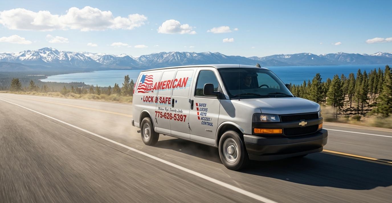 A silver lock and safe service van driving on a highway with a scenic landscape of snow-capped mountains, a large lake, and green trees in the background.
