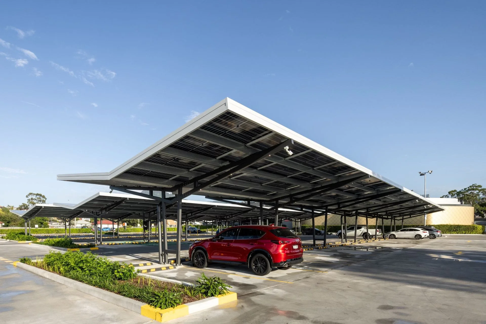 A solar-powered carport in a parking lot with several parked cars under the structure and a clear blue sky overhead.