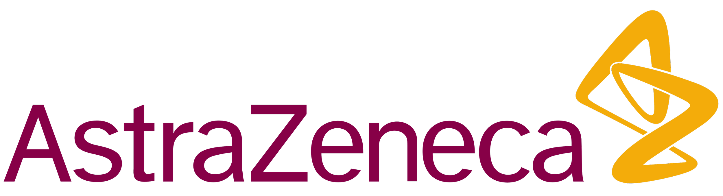 The AstraZeneca logo with purple text and a yellow and black swirl graphic.