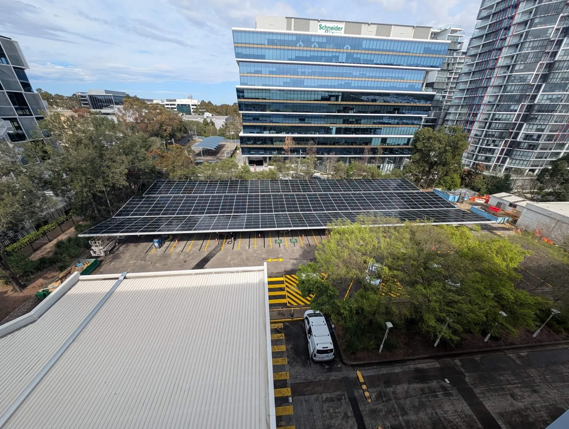 Corporate campus Solar Canopy. Verified Scope 2 reduction, NABERS and ESG reportable. 75% fewer high-risk on-site labour hours than traditional construction.