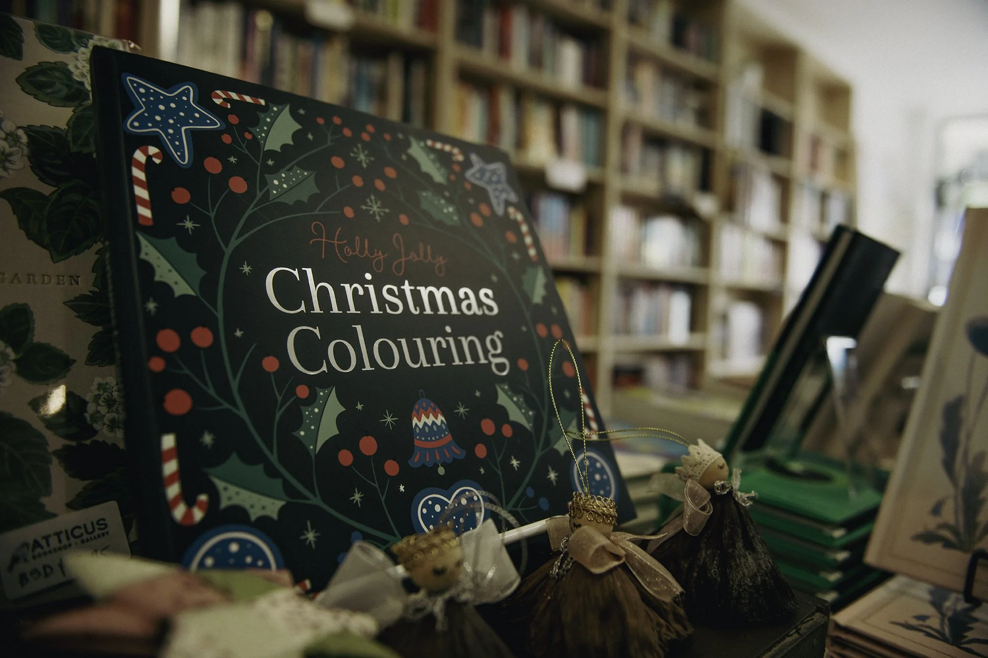 Close-up of a holiday-themed coloring book titled "Holly Jolly Christmas Coloring" on a shelf, with other books and decorations in the background.