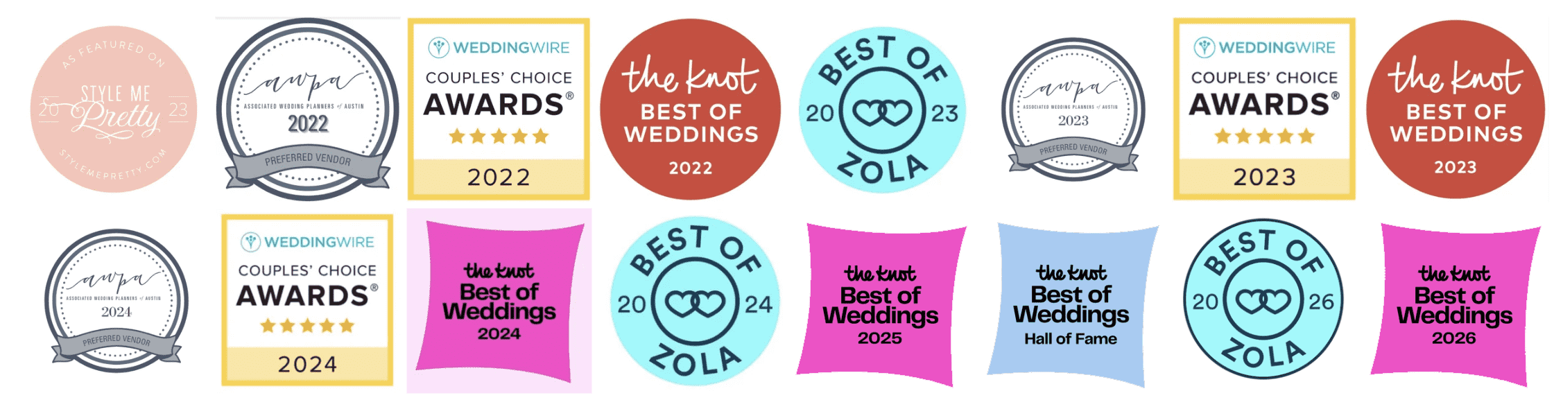 A collage of various awards and badges related to wedding planning and wedding awards, in different shapes and colors including pink, blue, red, gray, and yellow, with some featuring the text 'Best of Weddings,' 'Couples' Choice Awards,' and 'Preferred Vendor.'